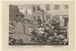 Gruppe von Menschen und Tieren versammelt vor einem Gebäude mit Fenstern, einem Laternenpfahl und einem Himmel im Hintergrund, mit dem Text "Erste Stufe der Grausamkeit" unten.