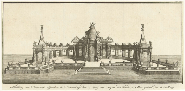 Ein historisches Bild einer Brunnenanlage in einem Gewässer, umgeben von Skulpturen, Treppen und Geländern, mit Text unten, der "Abbelding van & Nuurwerk, afgertaken in 'Groenhage' op 13 juni 1749" lautet.