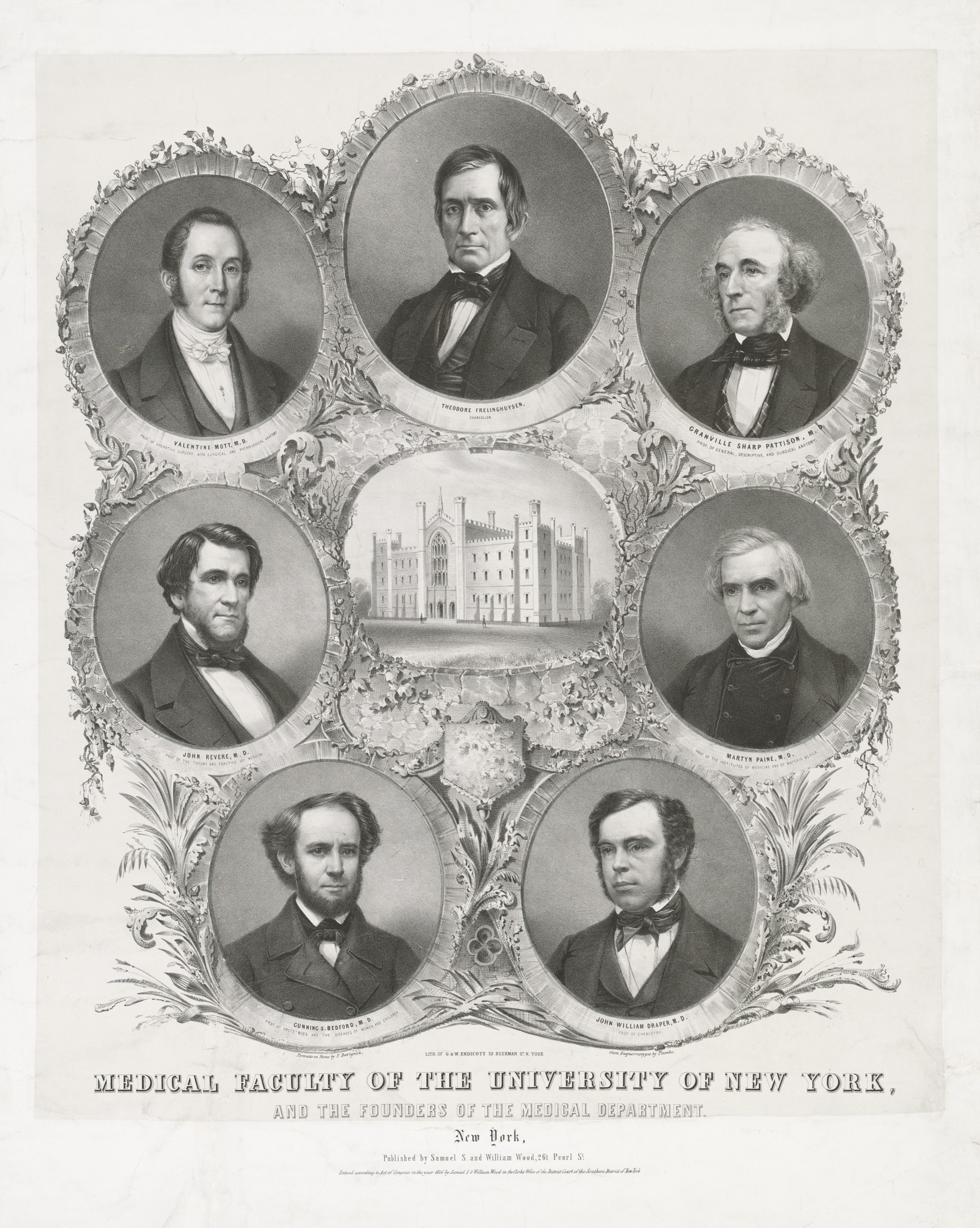 Schwarzes und weißes Foto von formell gekleideten Männern, die vor einem Gebäude posieren, mit Text unten, der "Medizinische Fakultät der Universität New York und die Gründer der medizinischen Abteilung" lautet.