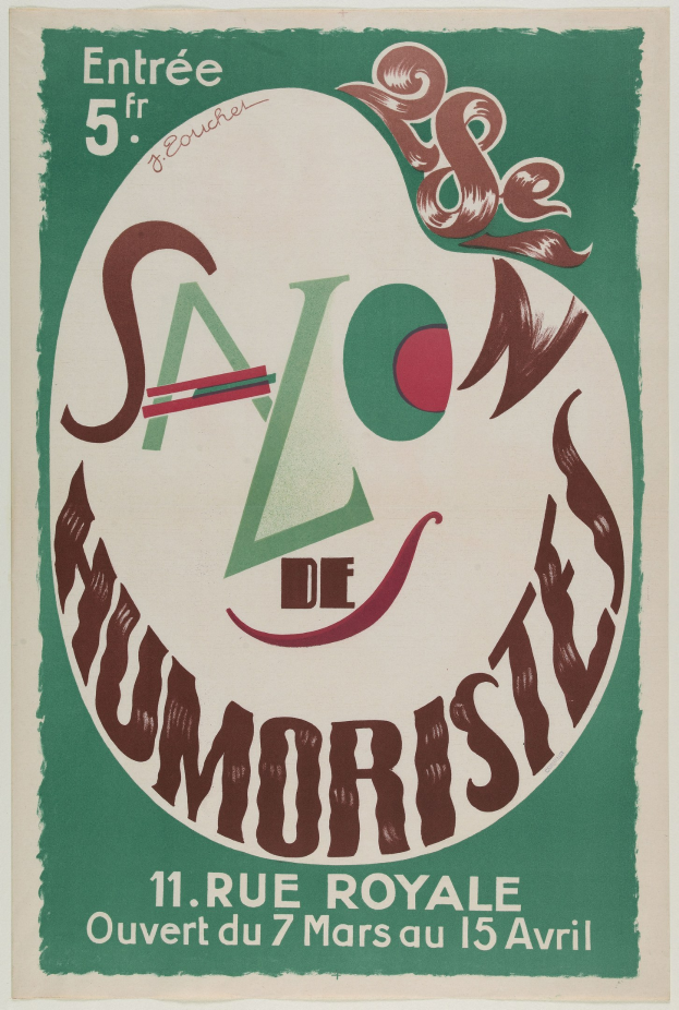 Plakat, das eine Humoristenvorführung in Paris, Frankreich, ankündigt und Text, der die Angebote beschreibt.