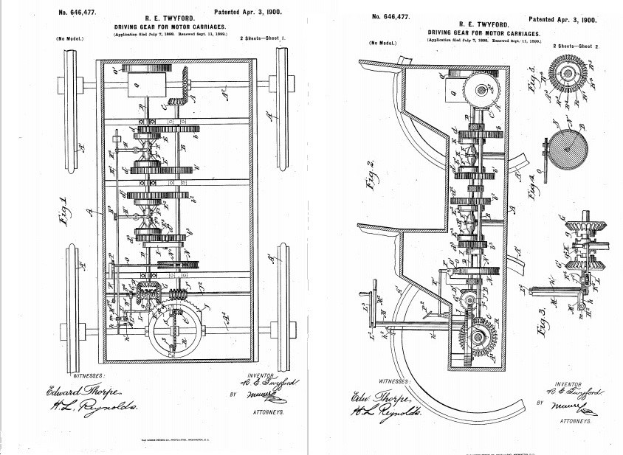 Schwarz-weißes technisches Zeichnung eines zahnradgefüllten frühen Automobils patent auf weißem Papier mit handschriftlichen Textanmerkungen.