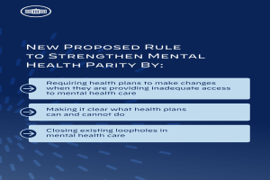 Ein blauer Hintergrund mit weißer Schrift und einem weißen Kreis-Logo mit blauer Umrandung, das eine neue Regel zur Stärkung der geistigen Gesundheit vorschlägt.