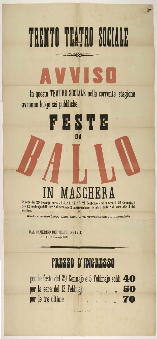 Altes Plakat, das ein Festival in Maschera, Italien, ankündigt, mit Text, der das Ereignis beschreibt.