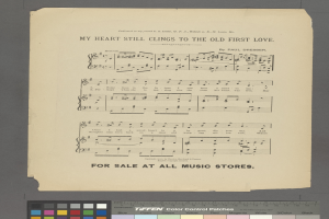 Ein Blatt Papier mit dem Text "Mein Herz Klammerte Noch an die Alte Erste Liebe" und Musiksymbolen, mit Farboptionen unten.