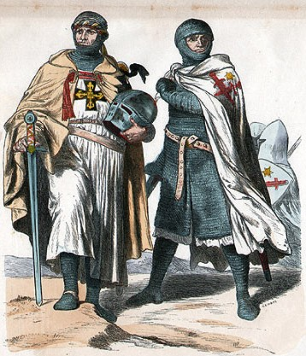 Zwei Männer in mittelalterlicher Kleidung stehen nebeneinander, einer hält ein Schwert und der andere einen Helm, mit dem Text "Die Ritter des Mittelalters" unten.
