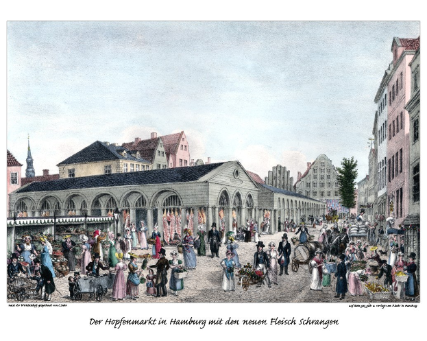 Ein Bild einer belebten Stadtstraße mit Fußgängern, einige mit Karren, Gebäuden mit Fenstern, Bäumen und einem bewölkten Himmel, mit Text unten.