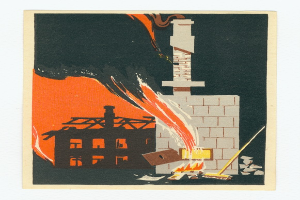 Ein Plakat zeigt ein baufälliges Gebäude, das von hellorangeen und gelben Flammen umgeben ist, mit Rauch, der nach oben steigt und Trümmern, die herumliegen.