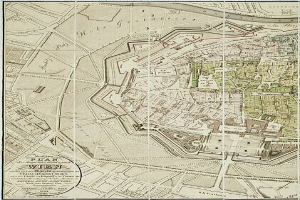 Detailierte alte Karte von Wien, Deutschland, zeigt Straßen, Gebäude und Sehenswürdigkeiten mit beschreibendem Text.