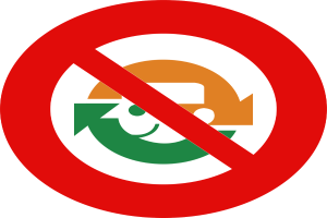 Ein rotes und weißes Schild mit einem nach rechts zeigenden Pfeil und der schwarzen Schrift "Keine Recycling" in fetter Schrift.