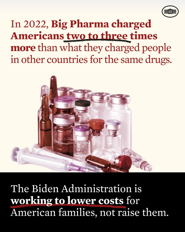 Ein Plakat, das zeigt, dass Big Pharma im Jahr 2022 Amerikanern zwei bis drei Mal so viel für dieselben Arzneimittel berechnet hat wie in anderen Ländern, mit Bildern von Medikamentenflaschen und einer Spritze darunter.