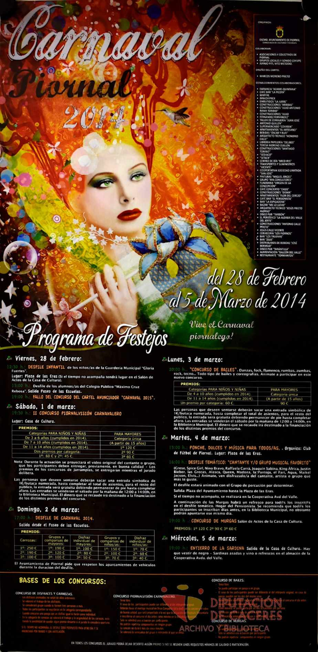 Eine Frau in einem bunten Kleid, die fröhlich lächelt, umgeben von fettem schwarzem Text, der "Carnaval Festival 2014" auf einem leuchtend gelben Hintergrund liest.