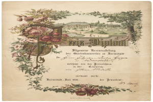Altes 1870 deutsches Diplom für Gärtner in Darmstadt, mit einem Gebäude im Hintergrund, umgeben von Bäumen, Pflanzen und Blumen.