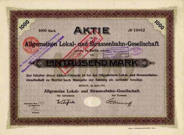 Altes deutsches Aktienzertifikat mit gedrucktem Text und numerischen Figuren, ausgestellt von der deutschen Regierung.