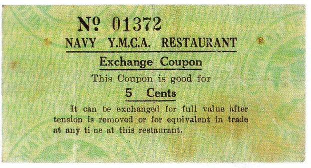 Ein Blatt Papier mit der Aufschrift "Navy YMCA Restaurant Exchange Coupon".