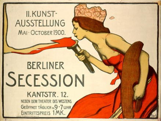Plakat aus dem Jahr 1900, das eine Berliner Secession ankündigt und eine Frau in einem roten Kleid zeigt, die ein Objekt mit Text hält.