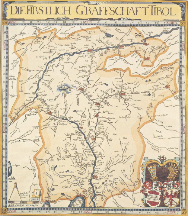 Detailreiches historisches Plakat der ersten Grafschaft Tirol-Karte, zeigt geografische Merkmale wie Flüsse, Berge und Städte mit begleitendem Text.