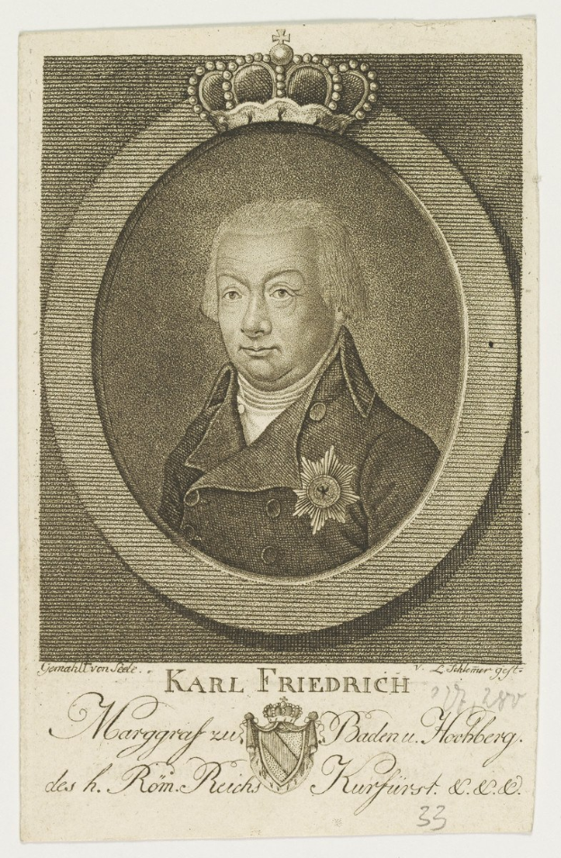 Porträt von Karl Friedrich Friedrich, König von Deutschland, mit Krone, ernstem Gesichtsausdruck, direktem Blick und ordentlich gekämmten Haaren.