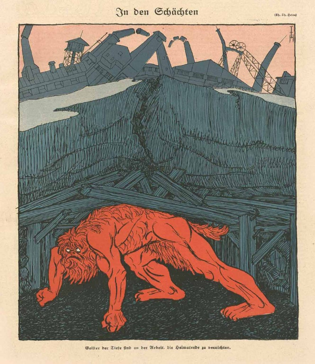 Illustration eines bedrohlichen Werwolfs mit ausgestreckten Klauen und offenem Mund vor einem von Schornsteinen gesäumten Fabrikgebäude unter einem tiefblauen Himmel, mit einem auffälligen Plakat im Hintergrund, das den Werwolf zeigt.
