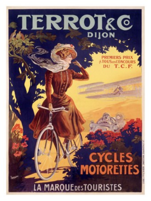 Plakat für eine Radtour in Frankreich, das eine Frau auf einem Fahrrad zeigt, umgeben von Bäumen, Blumen und anderen Menschen, mit Text, der die Tour beschreibt.