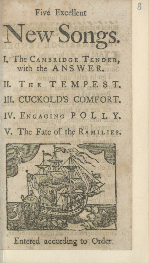 Alter Buchumschlag mit einem Schiff, das auf Wasser segelt, und dem Text "Fünf ausgezeichnete neue Lieder" sowie einem hellblauen Himmel mit weißen Wolken.