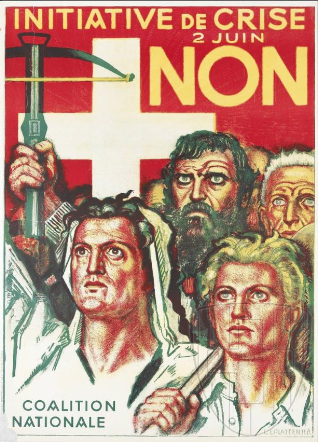 Plakat der Coalition Nationale, einer nicht-regierungsähnlichen Initiative, mit einer Gruppe, die einen Hammer und eine Sichel hält, und Text mit organisatorischen Informationen.