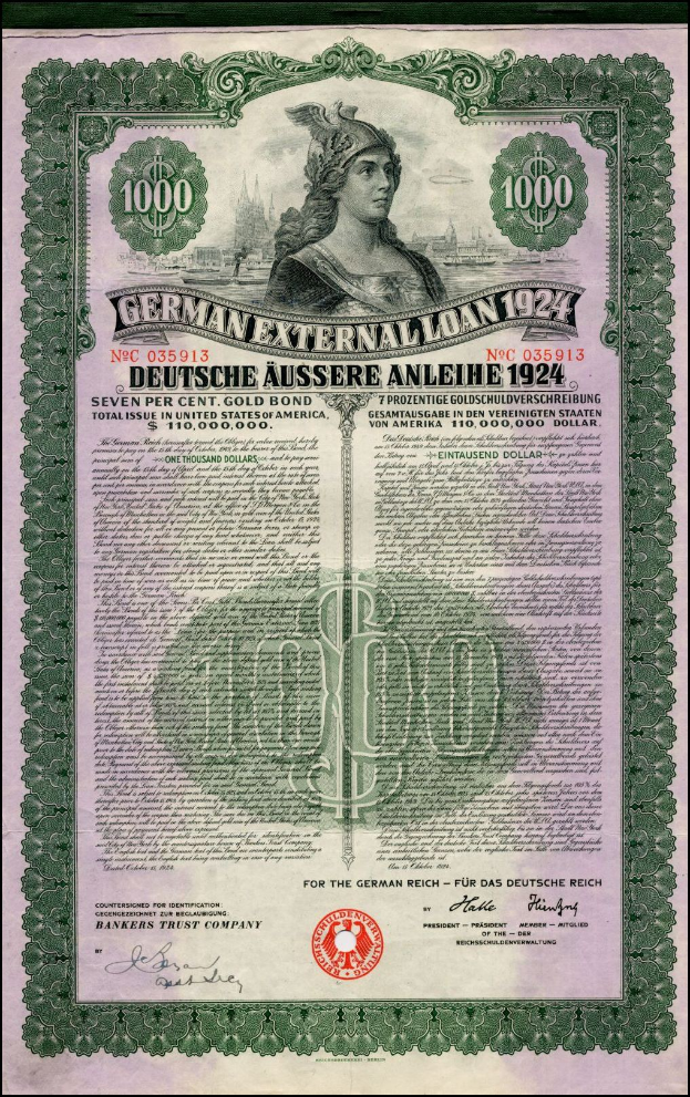Deutsches Auslandsdarlehen-Zertifikat aus dem Jahr 1924 mit einer Frauendarstellung, bedrucktem Text und numerischer Benennung.