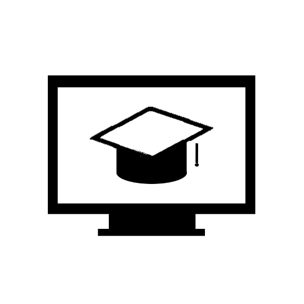 Schwarzer und weißer Abschlusshut auf einem Computerbildschirm angezeigt, symbolisiert Bildung im Internet.
