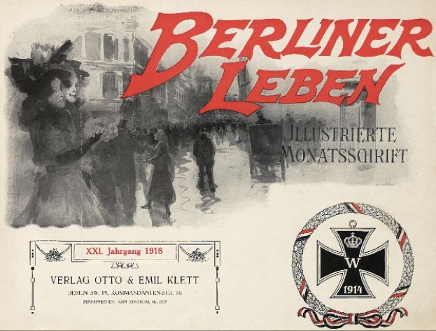 Titelblatt eines alten Buches namens 'Berliner Leben' mit einer Gruppe von Menschen in einer feierlichen Umgebung und einem militärisch anmutenden Logo.