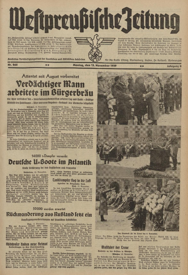 Schwarze-weisse Titelseite einer deutschen Zeitung vom 13. November 1939 mit der Uberschrift 'Weitpreubliche Zeitung' und einem Foto von Menschen in traditioneller deutscher Tracht.