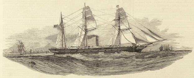 Einschnitte eines detaillierten Segelschiffs mit geblähten Segeln und sonnenbeschienener Hülle, das auf dem Meer segelt, mit anderen Schiffen im Hintergrund und Text unten.