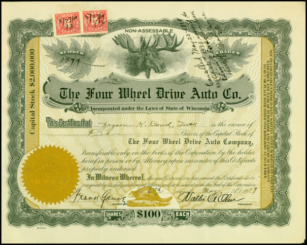 Rahmung Aktienbescheinigung für Four Wheel Drive Auto Co. mit goldenem Siegel, Text, Zahlen und mehrfarbigen Stempeln.