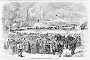 Schwarze und weiße Zeichnung von Menschen vor einer Fabrik mit Häusern und Rauch aus Schornsteinen, mit Text unten, der "Kohlebergbau-Katastrophe in England das Ende" lautet.
