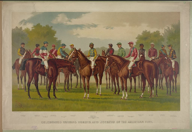 Gruppe von Menschen, die auf einem grünen Feld mit Bäumen und einem blauen Himmel reiten, mit Text unten: "Feiernder Siegerpferde und Jockeys der amerikanischen Rennbahn."