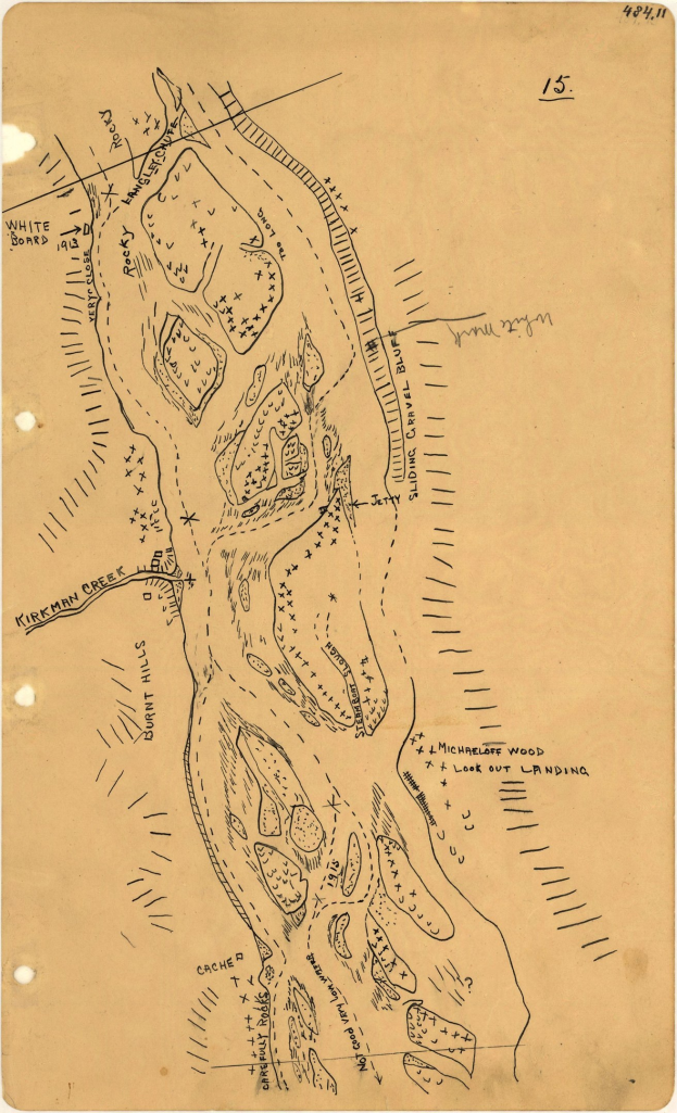 Detailierte alte Stadtkarte auf altem Papier mit Straßennamen, Gebäuden, Sehenswürdigkeiten und begleitendem Text.