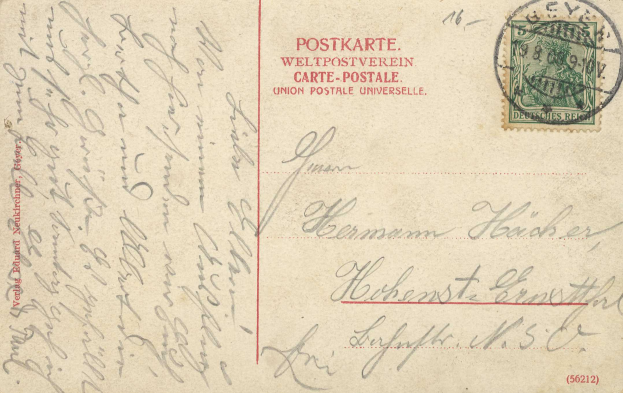 Alte Postkarte mit einer Briefmarke, die den Text "Postkarte Weltpostverein" und "Union Postale Universelle" trägt und von Deutschland nach Deutschland gesendet wurde.