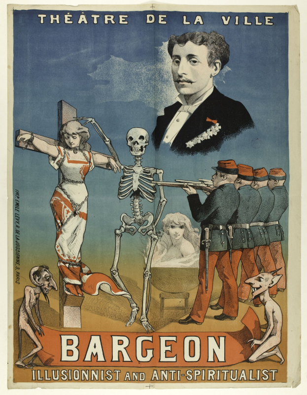 Plakat für das Théâtre de la Ville in Paris mit einem Skelett mit ausgestreckten Armen, umgeben von aufgewühlten Menschen, mit der Aufschrift "Bargeon Illusionist und Anti-Spiritualist."