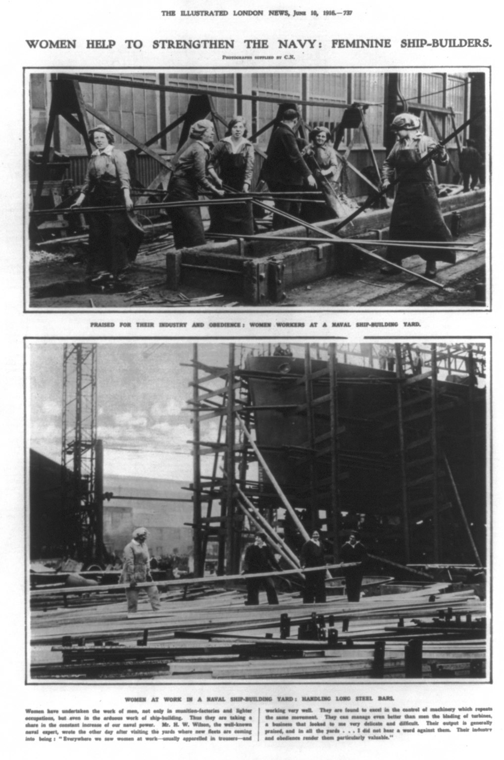 Schwarzes und weißes Foto von Frauen, die Metallschiffsbauteile zusammenbauen, mit Text oben und unten 'Frauen stärken die Marine Feminine Schiffbauer'.