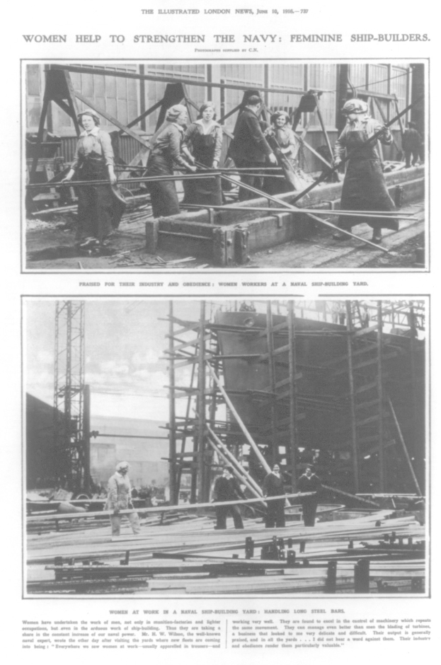 Schwarzes und weißes Foto von Frauen, die Metallschiffsbauteile zusammenbauen, mit Text oben und unten 'Frauen stärken die Marine Feminine Schiffbauer'.