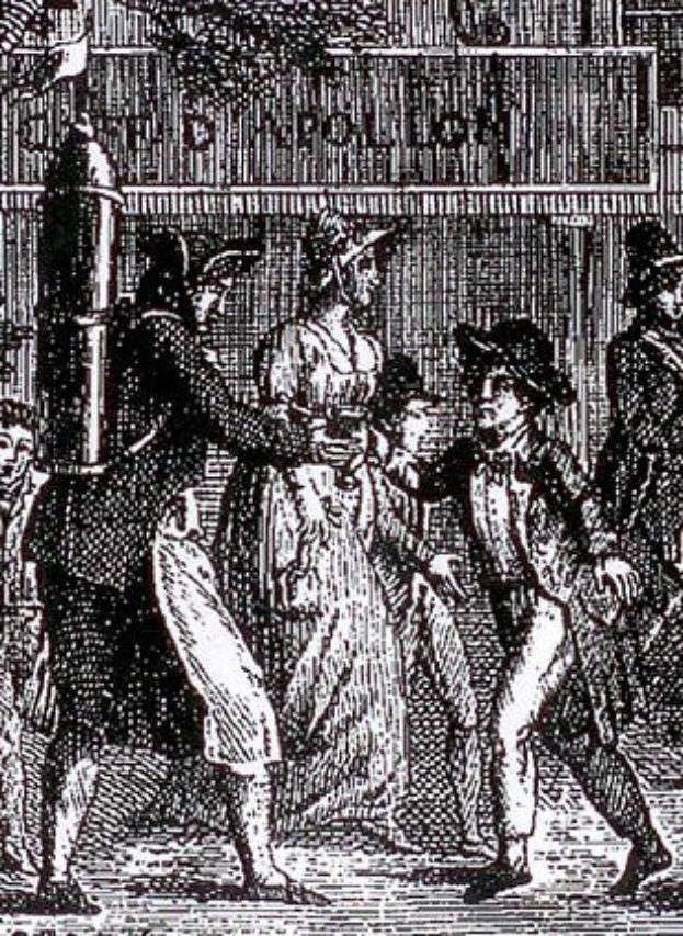 Schwarze und weiße Zeichnung einer Gruppe verzweifelter Menschen, die eine Straße entlanglaufen, vorbei an einem Gebäude, mit dem Text "Victorianische Unruhen in London" unten.