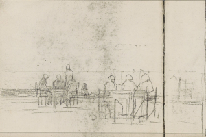 Eine Skizze von Joseph Mallord William Turner, die eine Gruppe von Menschen zeigt, die um einen Tisch in einem Cafe sitzen, mit gedämpften erdigen Tönen, die eine friedliche Atmosphäre schaffen.