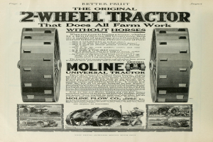 Eine Werbung für einen Zweiradtraktor, der Bilder des Tractors und Text zu seinen Merkmalen zeigt und ihn als Ersatz für Pferde auf dem Bauernhof bewirbt.