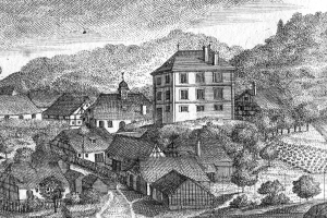 Eine Schwarz-Weiß-Zeichnung einer kleinen Stadt in Bayern im 19. Jahrhundert, die eine zentrale Kirche zeigt, umgeben von Häusern, Bäumen und einem Himmel im Hintergrund, mit Text unten, der 'Bayern im 19. Jahrhundert' lautet.