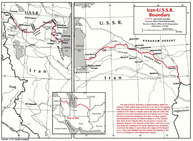 Ein detailliertes Plakat mit einer Karte der iranisch-sowjetischen Grenze, das geografische Merkmale und Landesgrenzen zeigt, mit begleitendem Text.