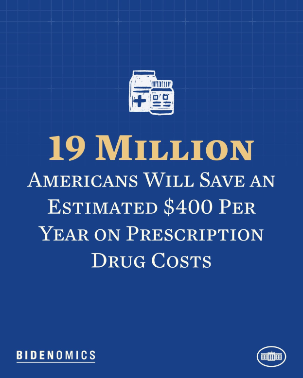 Blauer Hintergrund mit weißer Schrift und Logo, das besagt: "19 Millionen Amerikaner werden geschätzt 400 USD pro Jahr an Arzneimittelkosten sparen."