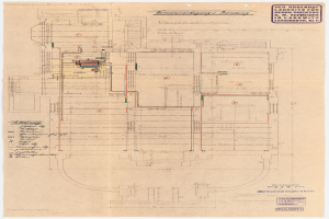 Schwarze-weißer Architekturplan des Rosenhof-Krankenhauses in Hamburg, Deutschland, der detaillierte Grundrisse mit zahlreichen Stromkabeln und beschriftete Räume, Flure und Merkmale auf altem Papier zeigt.