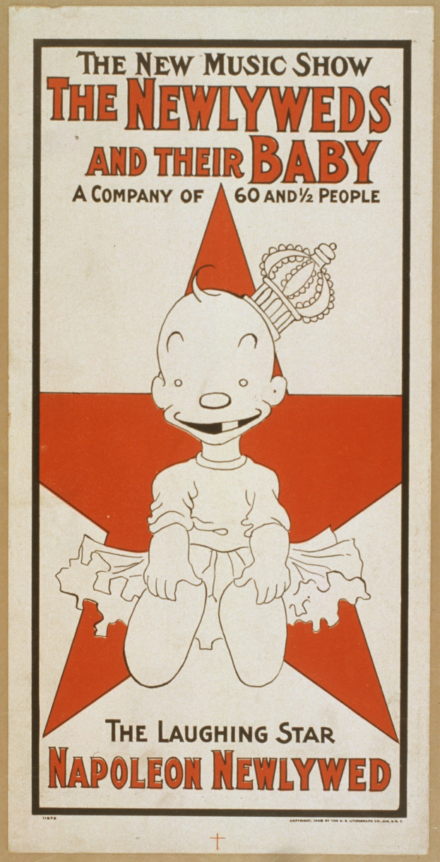 Plakat für "The New Music Show: The Newlyweds and Their Baby" mit einer Cartoon-Baby in einem weißen Body mit pinker Schleife, das gegen einen hellblauen Hintergrund mit verstreuten Sternen lächelt.
