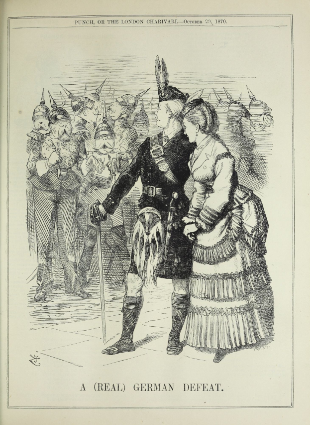 Zwei Personen, die vor einer Menge auf einem markierten Dokument stehen, wobei eine Person einen Stock hält.