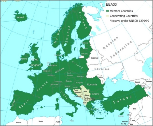 Ein detaillierter Kartenausschnitt von Europa, der die Mitgliedstaaten der Europäischen Union mit ihren Grenzen, wichtigen Städten, Flüssen und geografischen Merkmalen hervorhebt, begleitet von Text, der zusätzliche Informationen bietet.