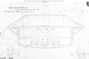 Ausführliches technisches Detailbild des Eisernen Texas-Dampfmaschinenkolbens, das seinen Rumpf, Komponenten und Anmerkungen zeigt.
