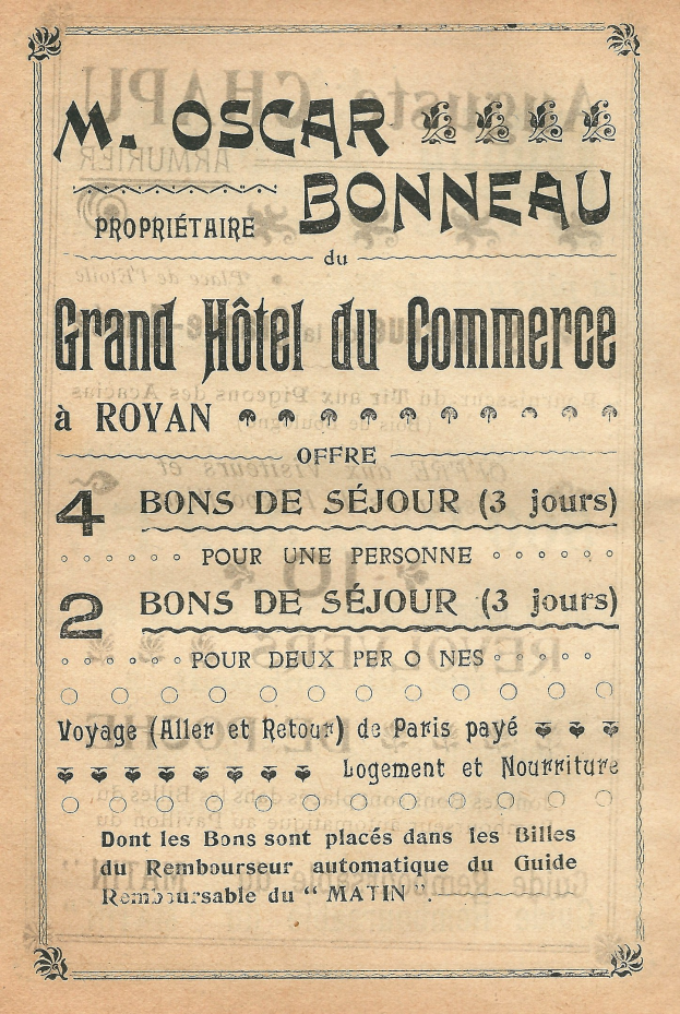 Schwarze und weiße Anzeige für das Grand Hotel du Commerce in Paris, die die Hotelangebote auflistet.